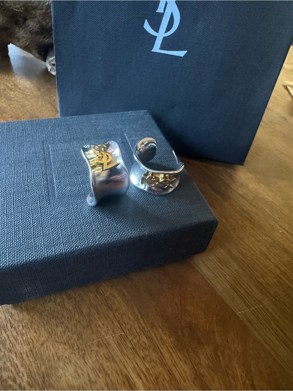 Saint Laurent Silver and Gold YSL Logo Cuff Clip Earrings - Picture 4 of 7